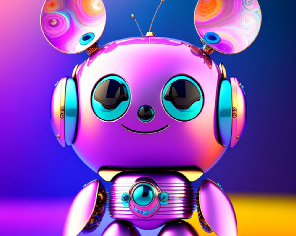 Colorful Illustration of Happy Robot with Headphones and Patterned Ears