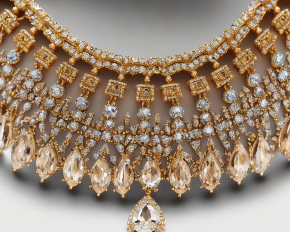 Luxurious Gold Necklace with Diamonds and Teardrop Gemstones