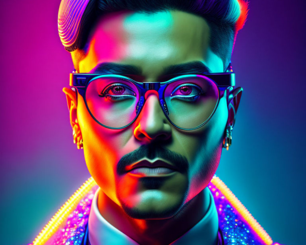 Portrait of a man with pompadour hairstyle, glasses, mustache, and beard on neon-l