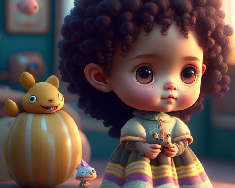 Child with big eyes and curly hair holding a toy in warm room scene