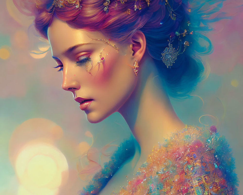 Colorful Woman Portrait with Ornate Hair Accessories and Glittering Shoulder Adornment