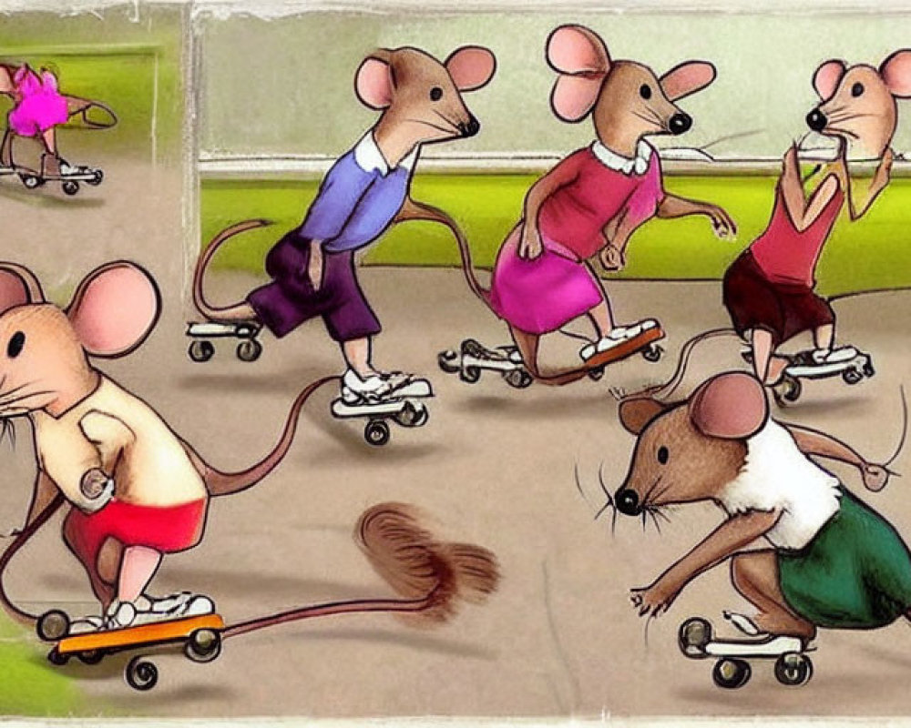 Anthropomorphic mice in colorful outfits skating, exercising, and socializing