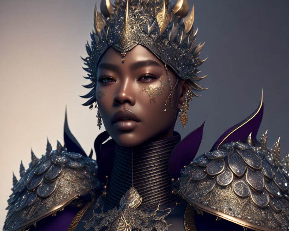 Regal woman in ornate golden headgear and armor with purple accents