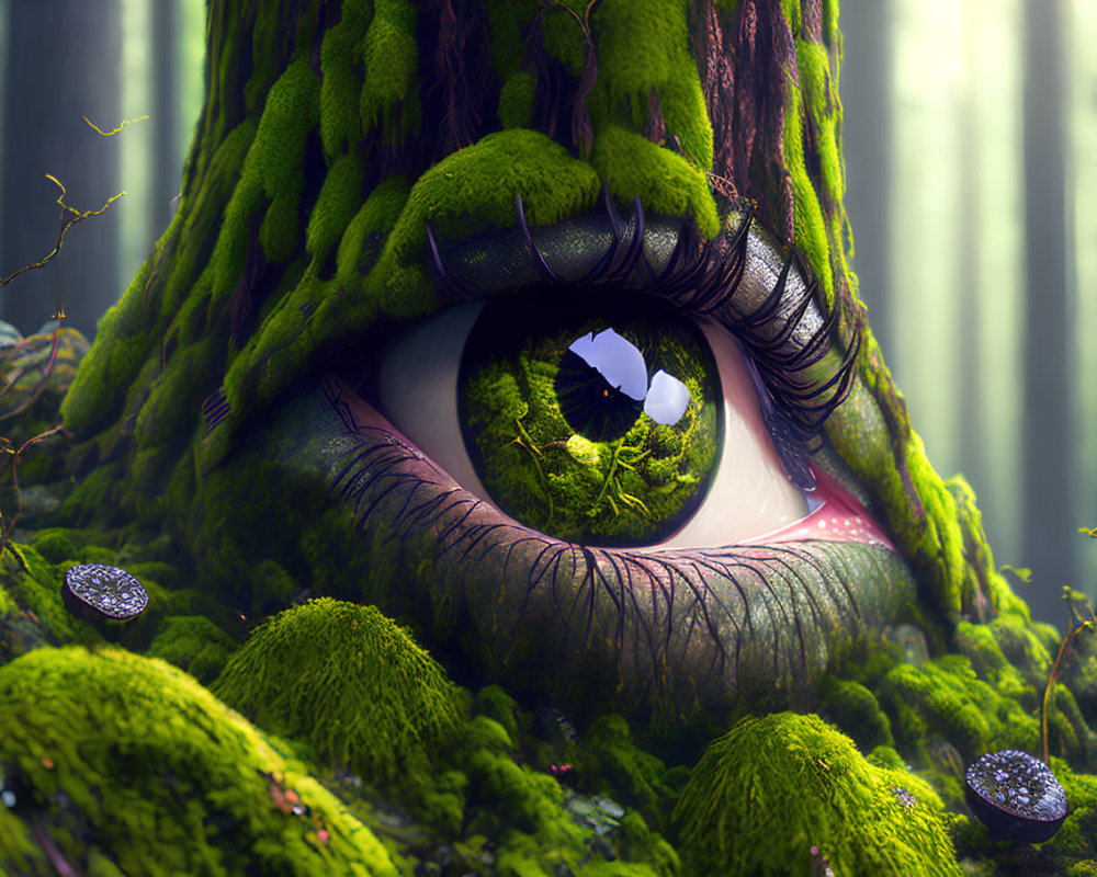 Surreal image of realistic eye in mossy tree trunk with ethereal forest light