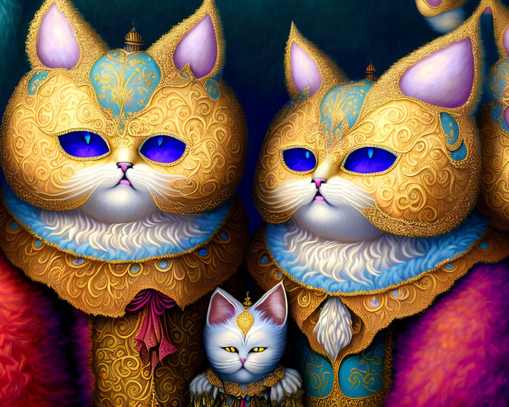 Ornate Cat-Shaped Figures with Blue Eyes and Intricate Gold & Blue Patterns