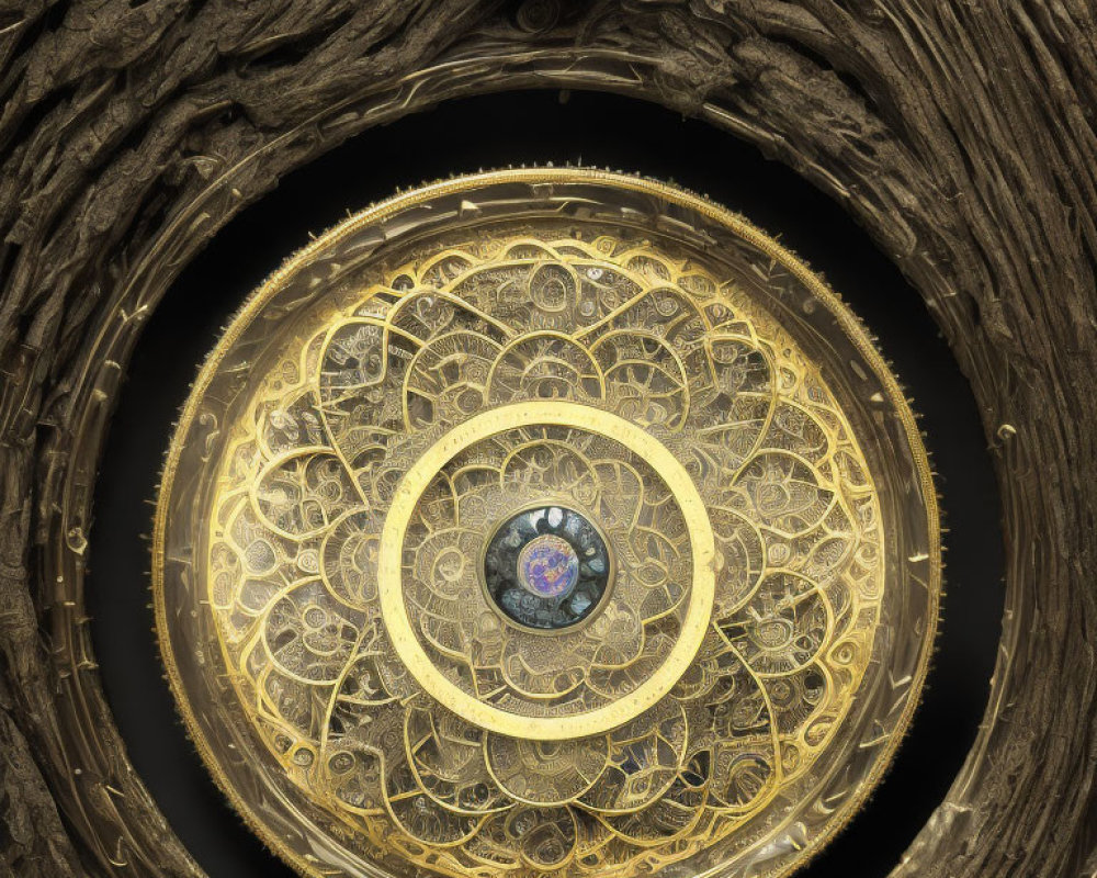 Circular golden ceiling with clock and blue globe in dark wooden frame