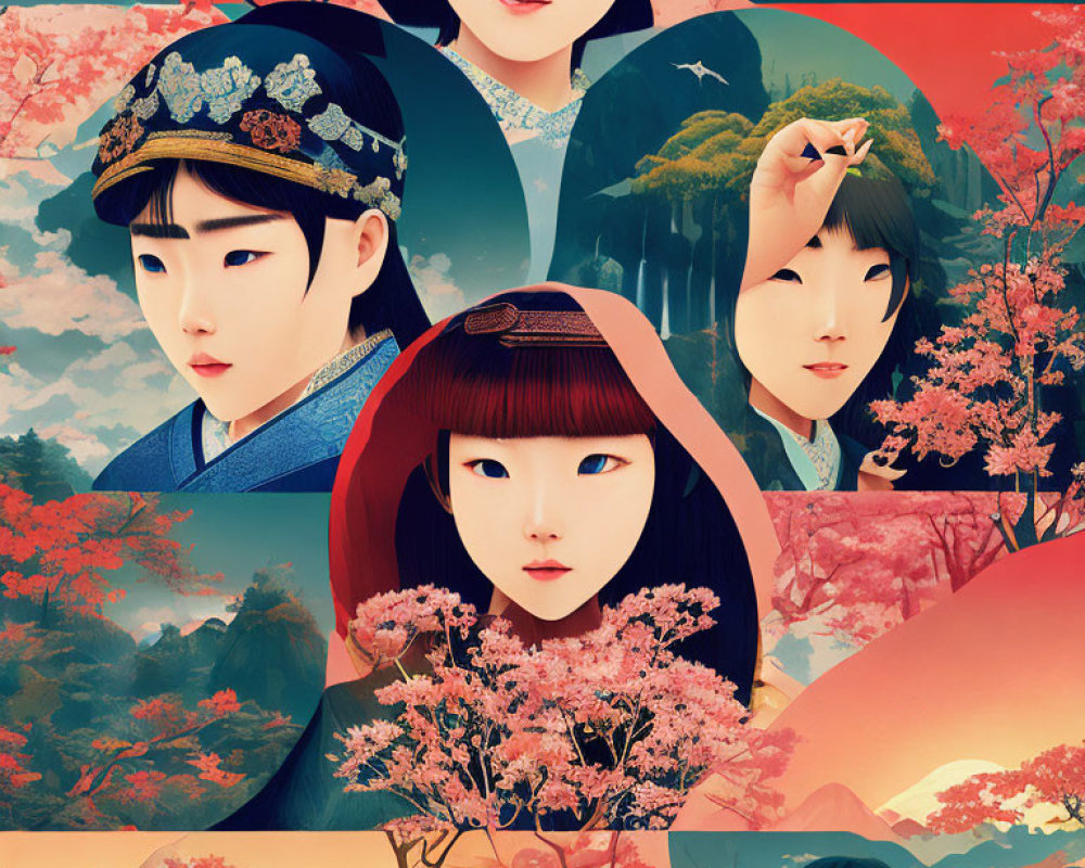 Traditional Korean attire illustration with cherry blossoms in pink, reds, and oranges