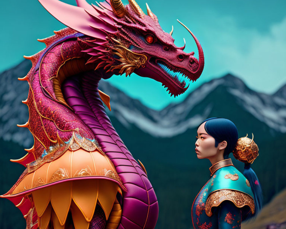 Colorful Dragon with Golden Horns Confronts Woman in Traditional Attire amid Majestic Mountains