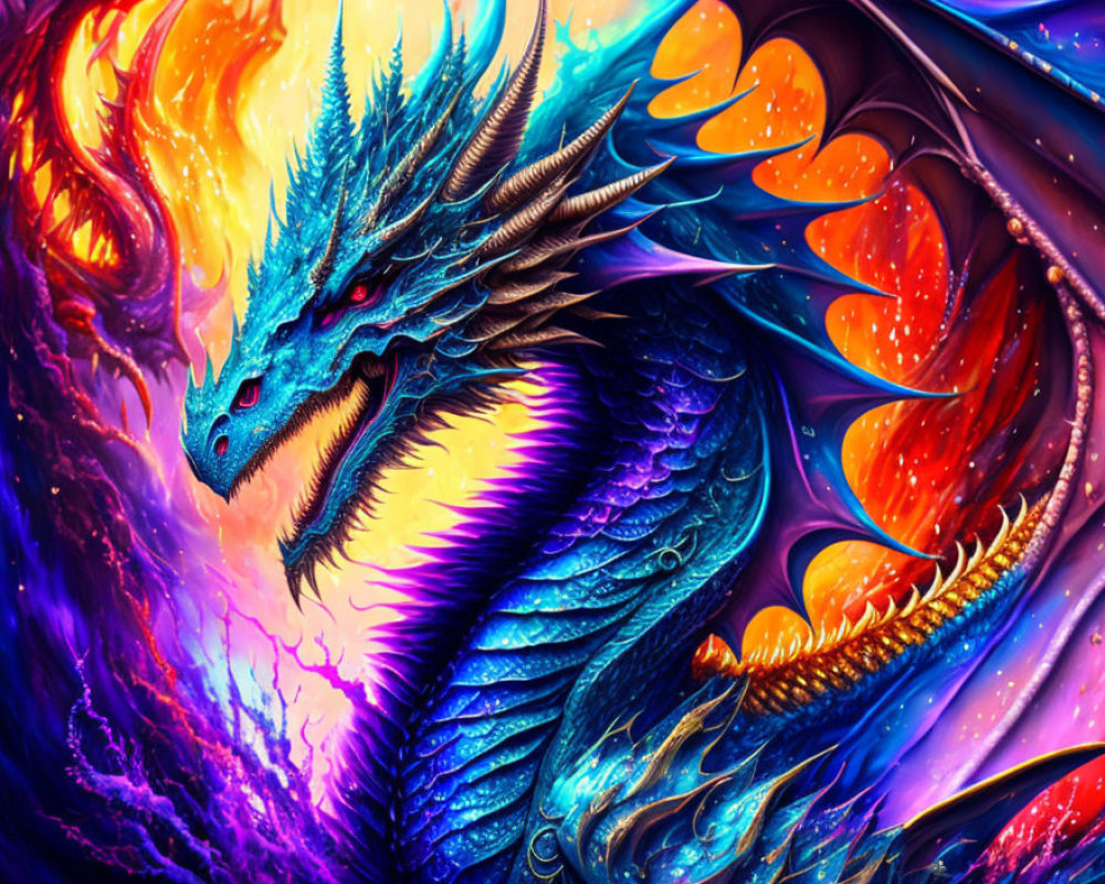 Colorful Blue Dragon Illustration with Golden Details in Fiery Surroundings