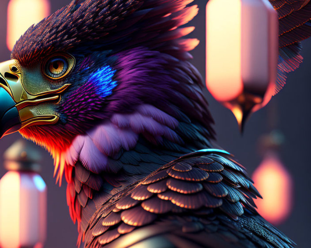 Detailed Image: Majestic Eagle with Blue and Purple Feathers, Golden Beak, and Glowing