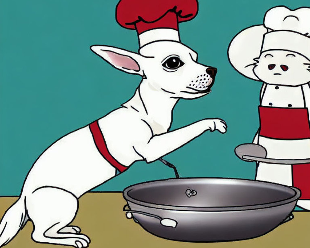 Cartoon dogs in chef attire with frying pan on teal background