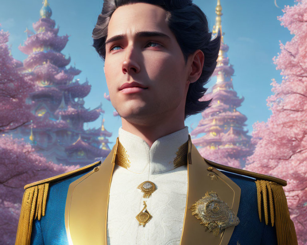 Stylized 3D rendering of young man in regal uniform with cherry blossoms background