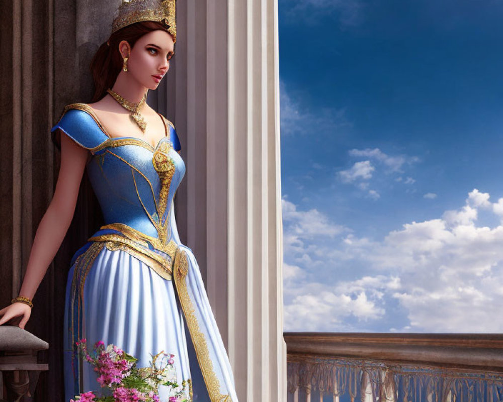 Regal woman in blue and gold medieval dress with crown in classical architecture setting