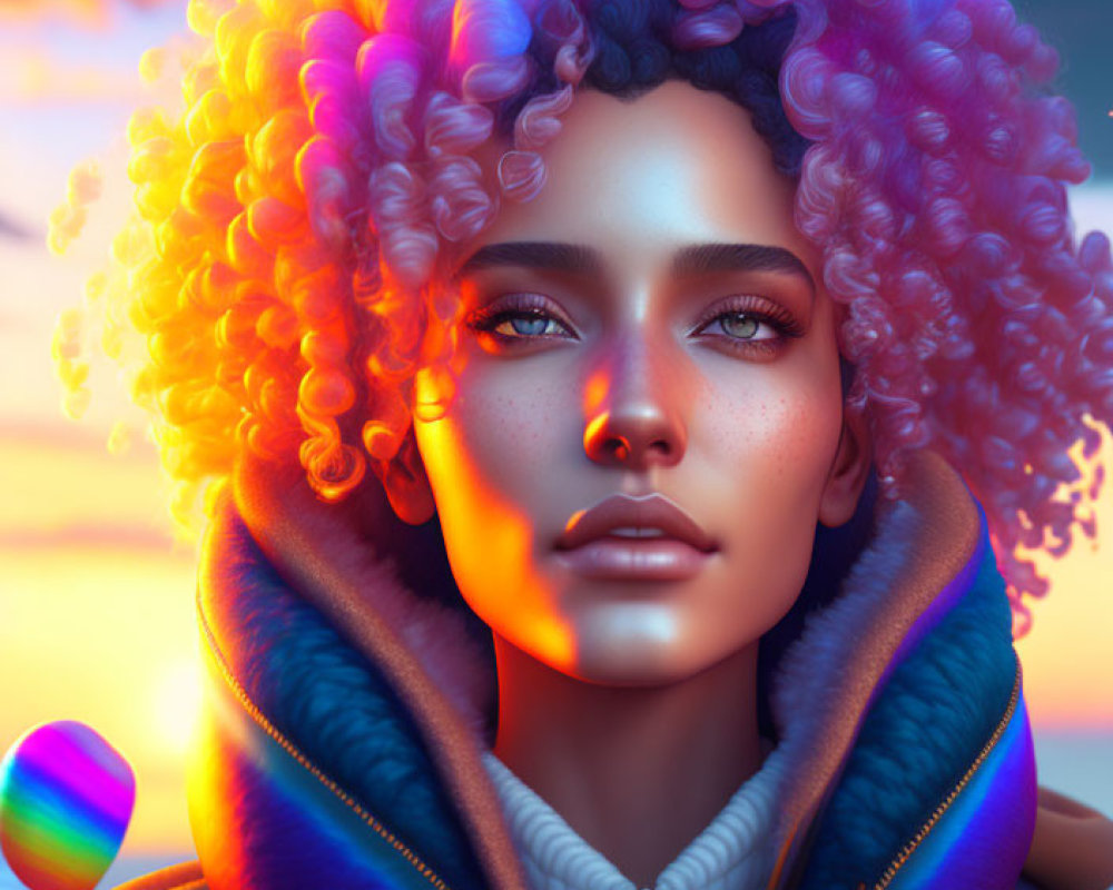 Vibrant multicolored curly hair on person with green eyes in blue and yellow jacket against sunset