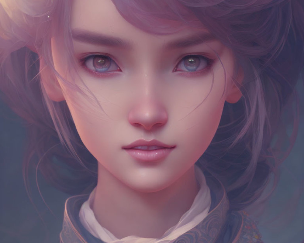 Detailed digital illustration: young woman with violet eyes, wavy purple hair, ornate attire