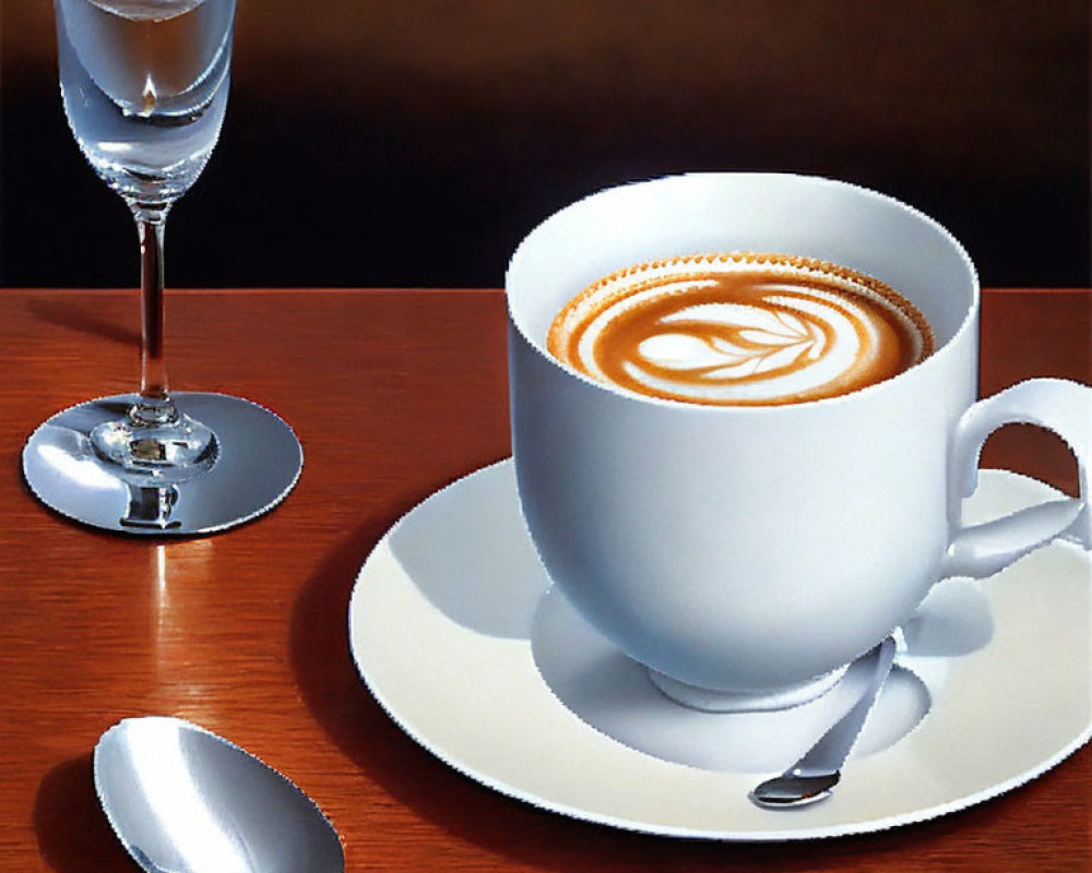 Hyperrealistic Painting of Coffee Cup with Latte Art on Saucer, Spoon, and Water Glass