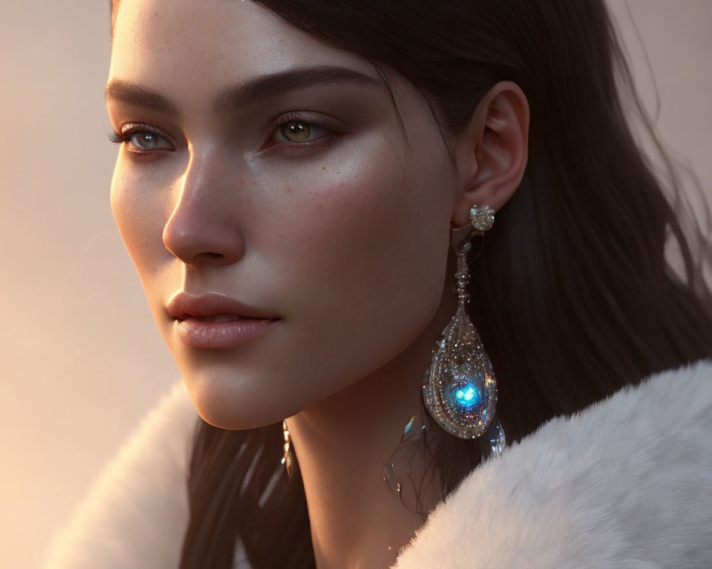 Portrait of woman with clear skin, dark hair, blue eyes, ornate earring & white fur