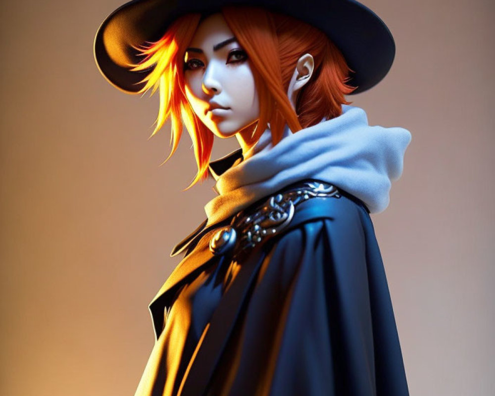 Character with fiery orange hair in large-brimmed hat and cloak.