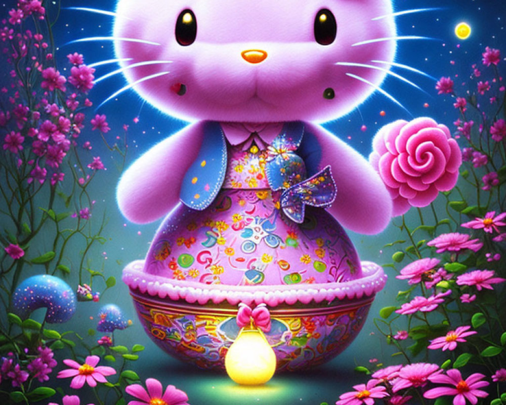 Colorful anthropomorphic cat on patterned egg in magical garden