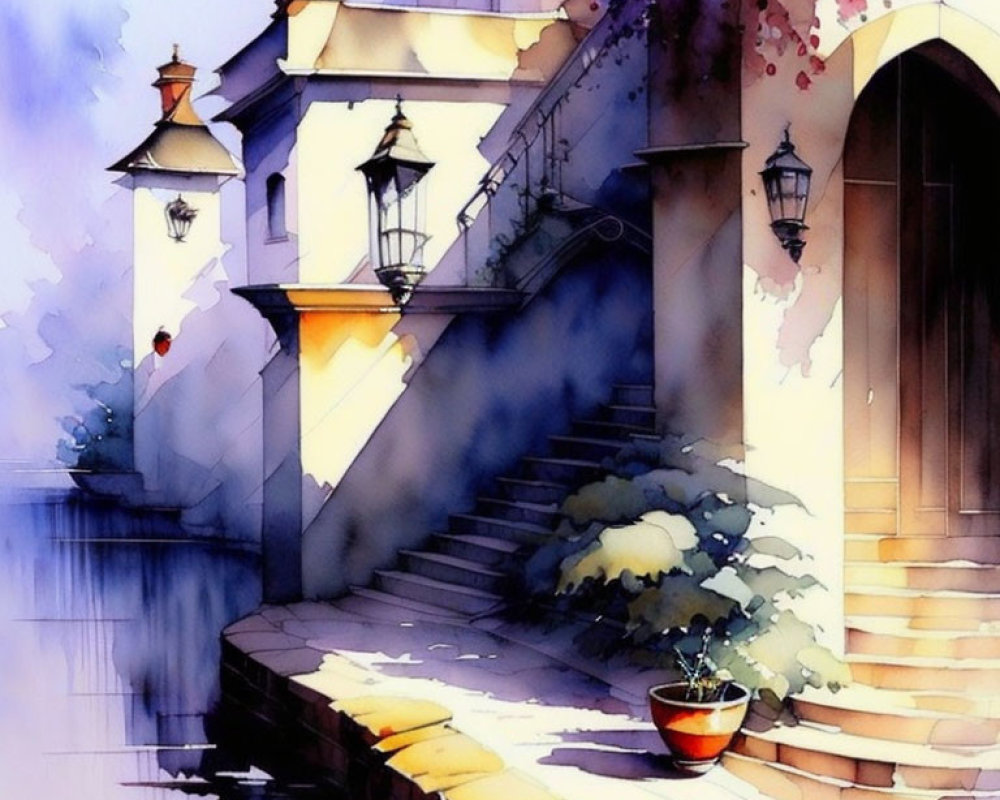 Colorful Watercolor Painting of Mediterranean Staircase & Street Scene