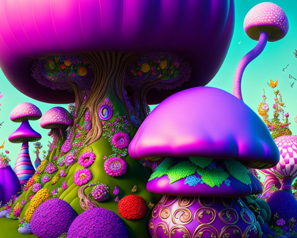 Colorful oversized mushrooms in vibrant fantasy landscape