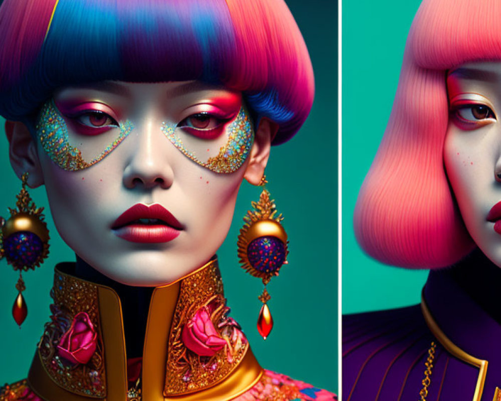 Colorful Stylized Portraits of Woman with Multicolored Hair and Intricate Makeup