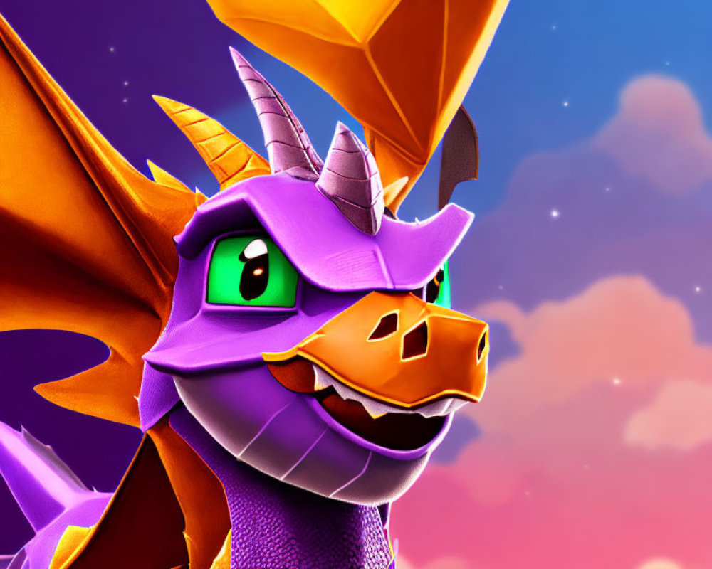 Colorful 3D Spyro the Dragon illustration in vibrant purple and orange against pink and blue sky