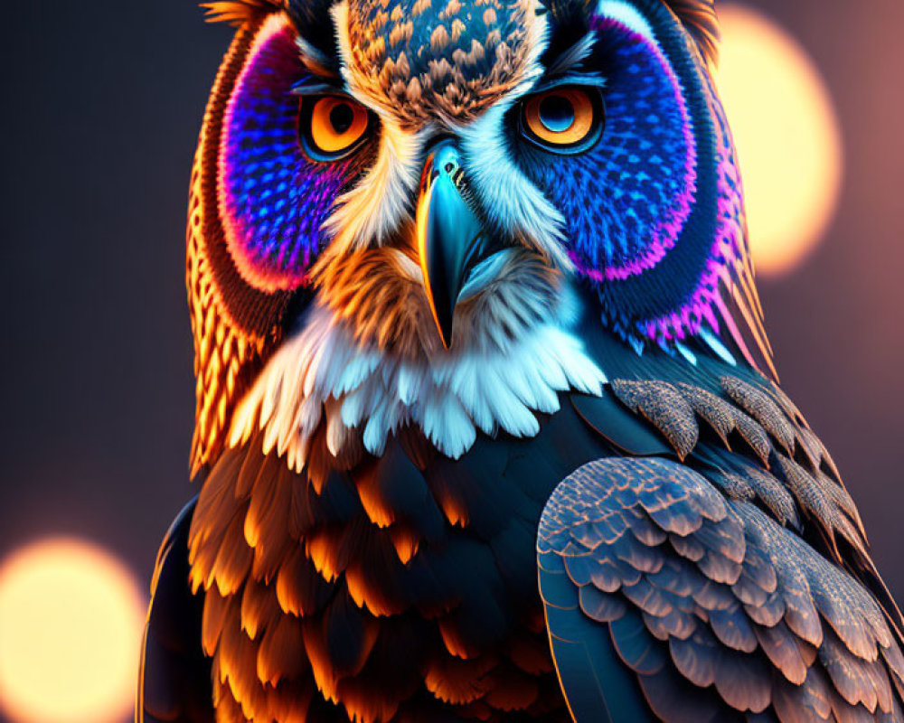 Vibrant Owl Illustration with Orange, Blue, and Purple Feathers