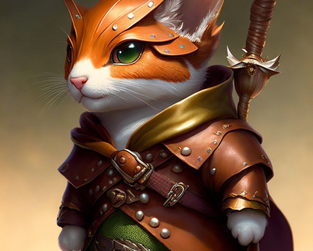 Anthropomorphic cat warrior in ornate leather armor with cloak and quiver.