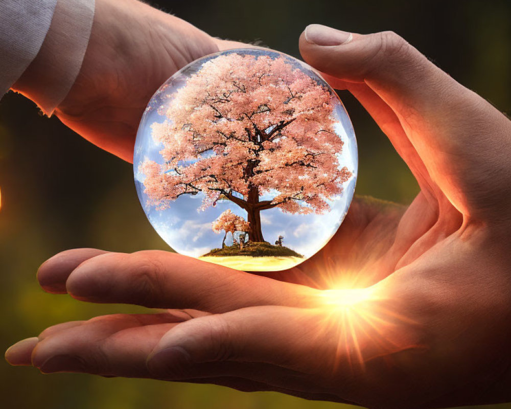 Transparent sphere cradling cherry blossom tree in two hands