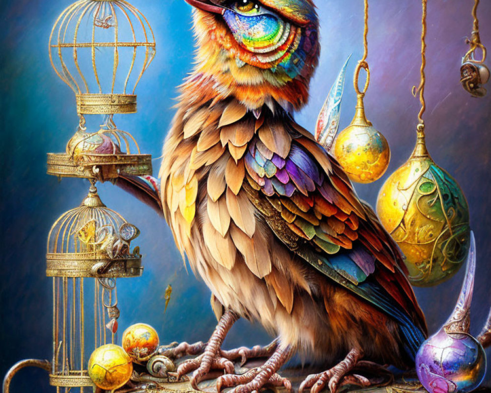 Colorful Fantastical Bird Next to Ornate Open Birdcage Amid Whimsical Objects