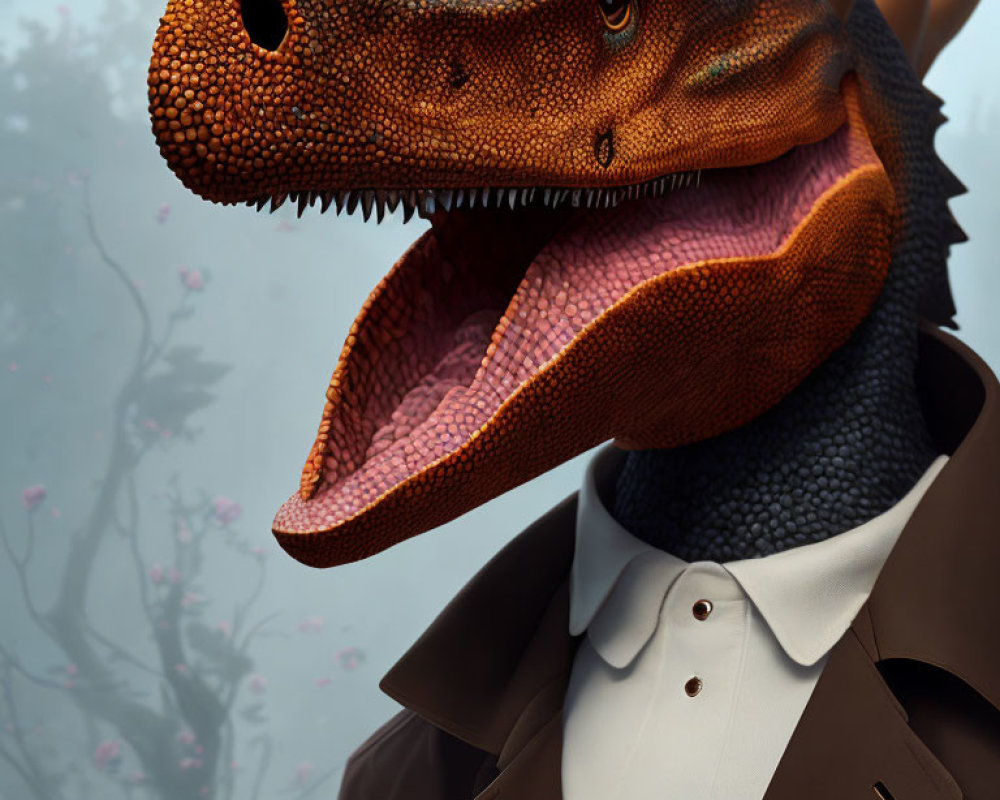 Anthropomorphic dinosaur in suit against foggy forest.