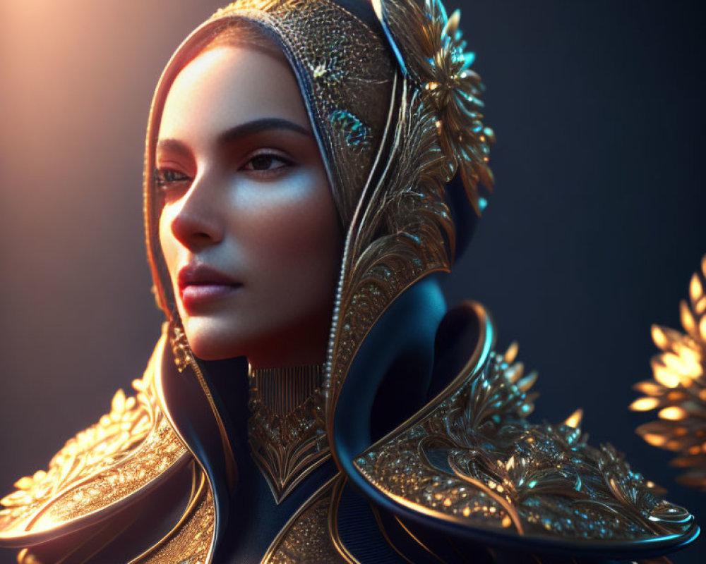 Regal Woman with Golden Headgear and Shoulder Armor in 3D Art