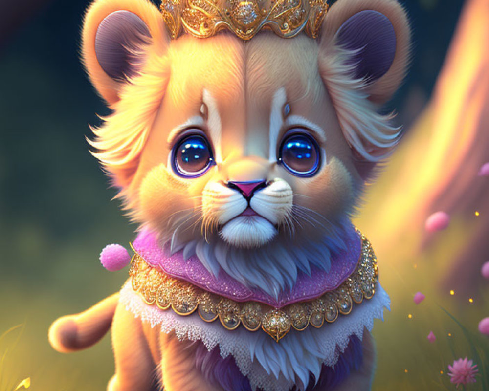 Illustration of a regal lion cub in crown and cape in mystical forest