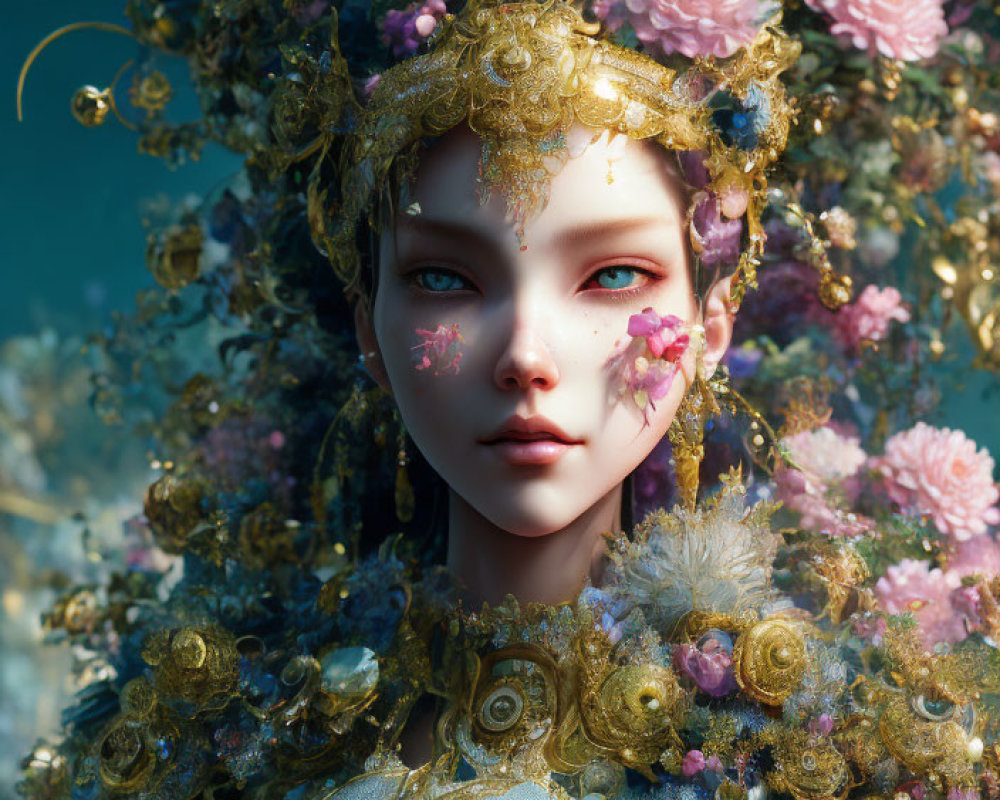 Digital portrait of woman with golden headpiece and pink flowers