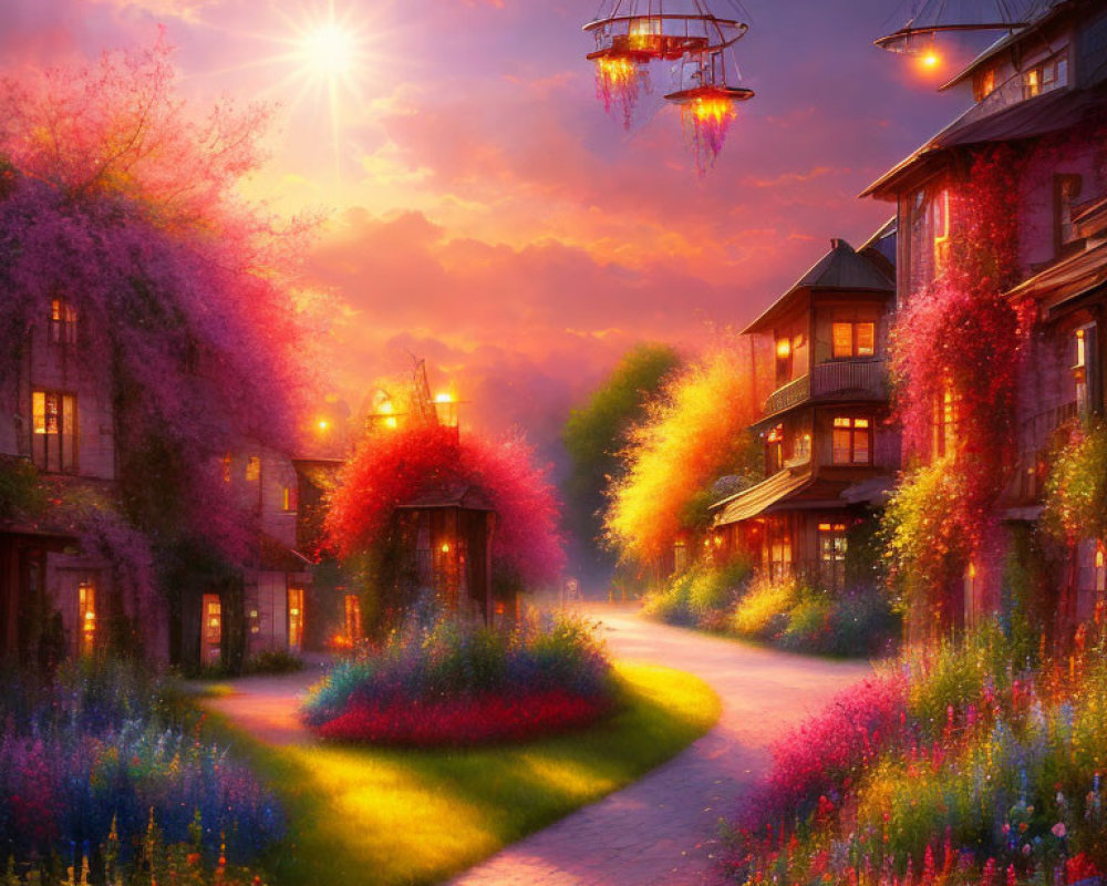 Vibrant flowers, lanterns, and sunset light in scenic village.