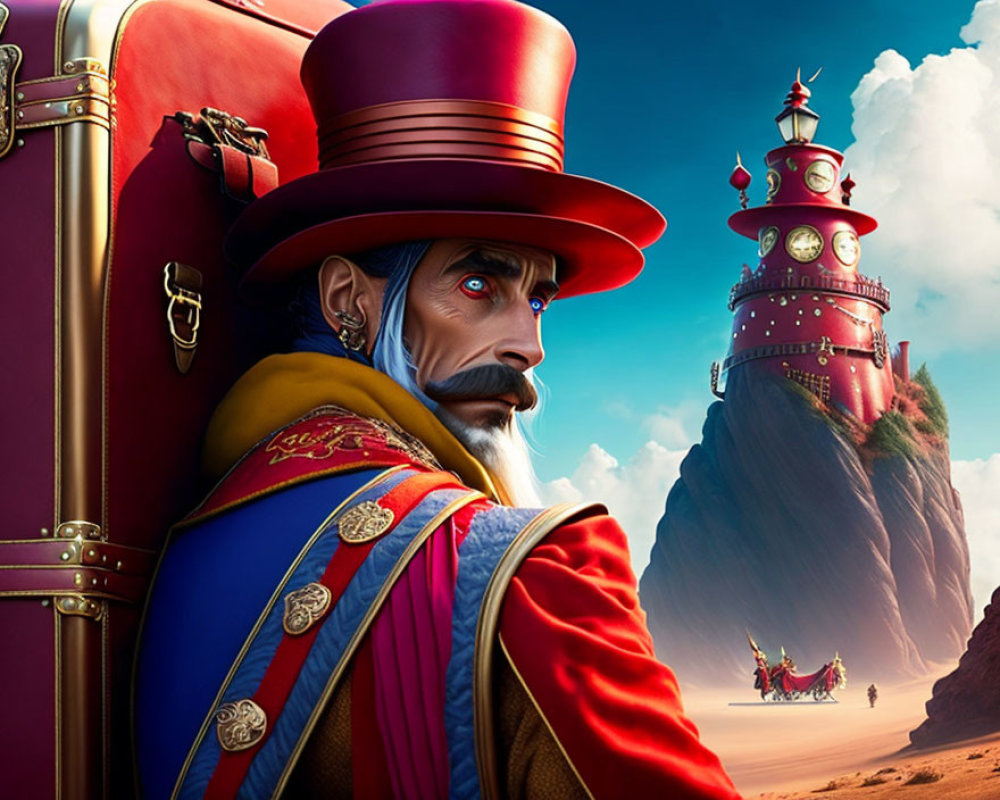 Whimsical character with tall red hat and blue facial hair next to a red suitcase, lighthouse