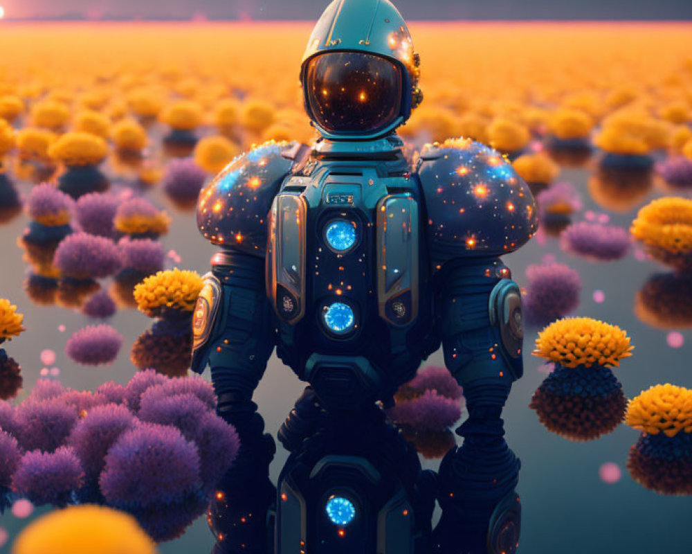 Astronaut in reflective helmet surrounded by orange and purple flowers in surreal landscape