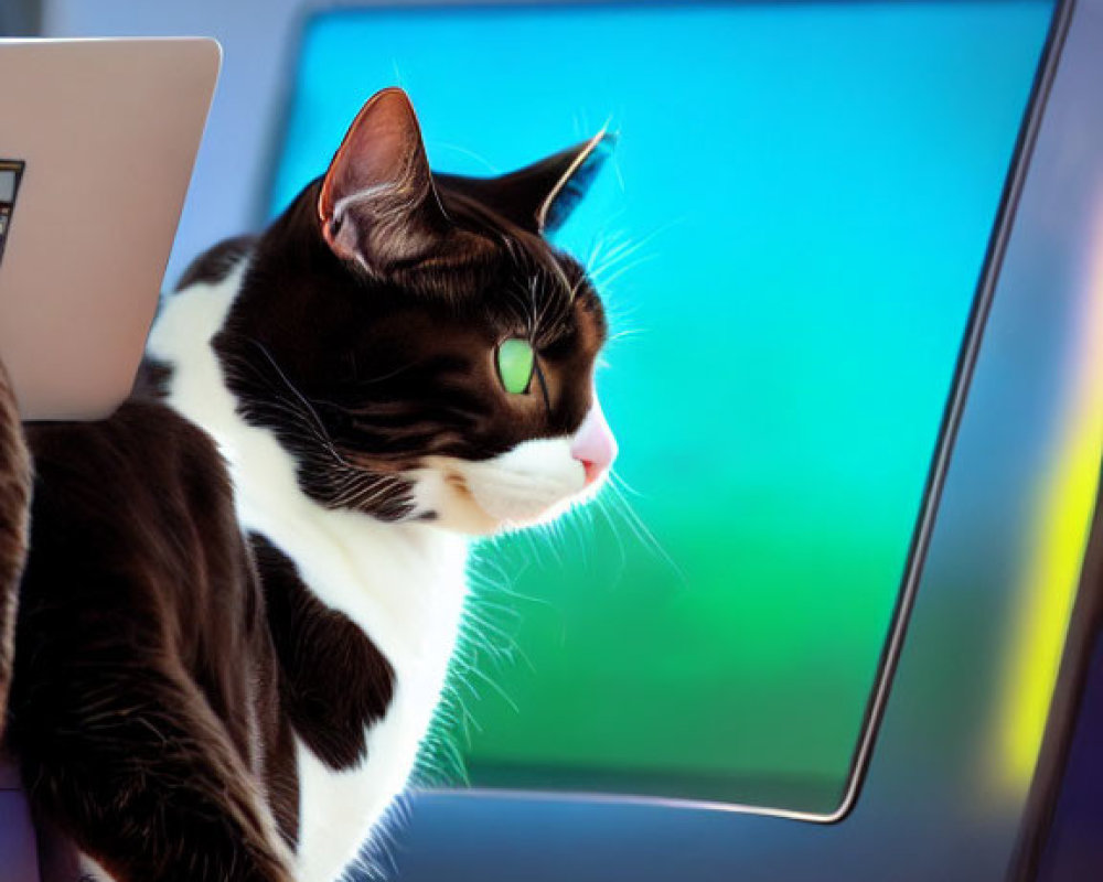 Black and white cat next to open laptop in dimly lit room