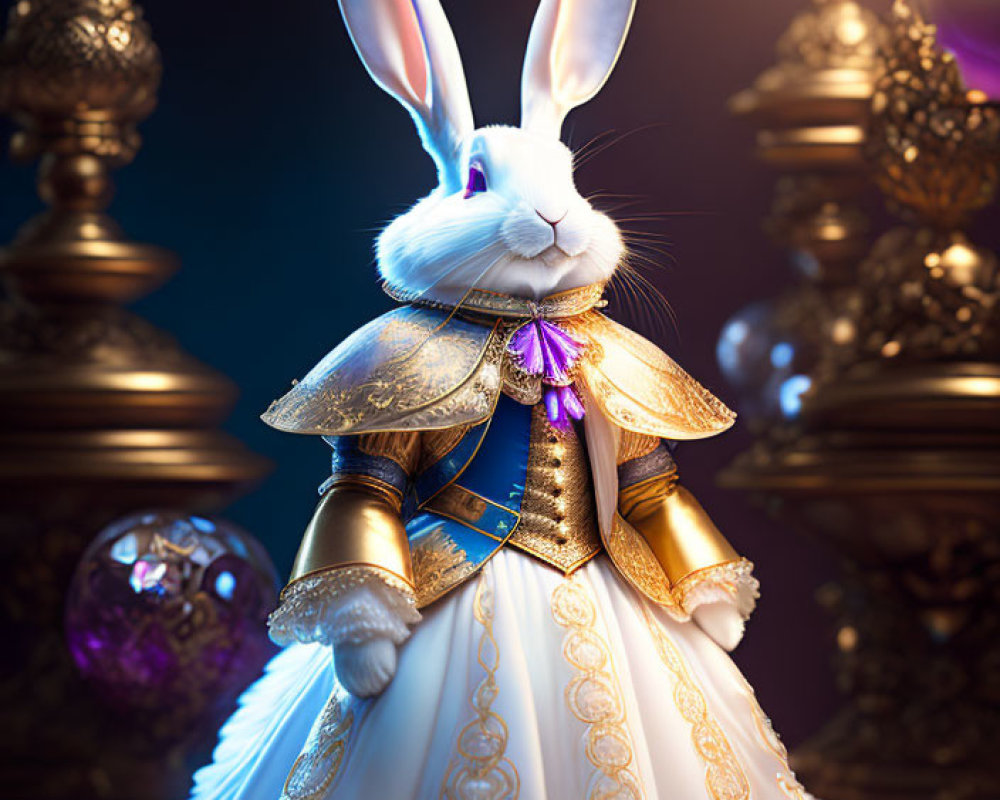 Luxurious anthropomorphic rabbit in gold-accented gown among golden artifacts