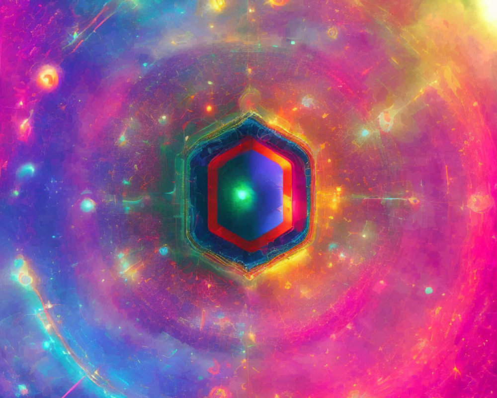 Abstract cosmic image with central hexagonal shape and swirling colors.