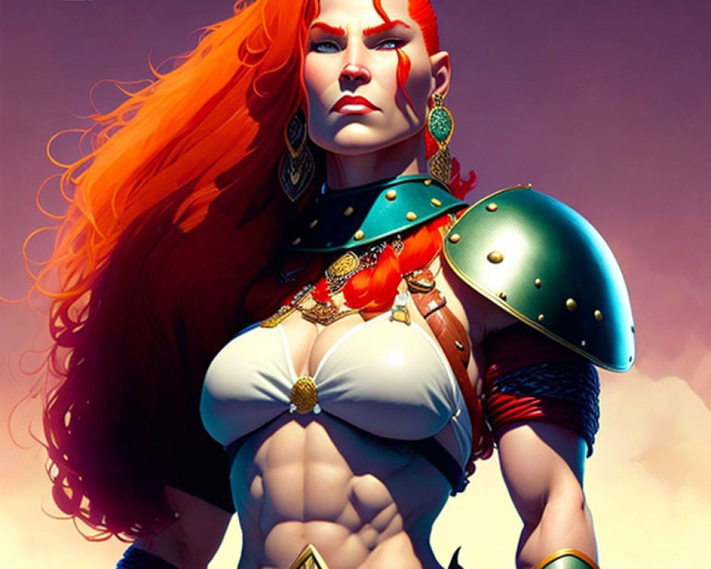 Female warrior in fantasy armor with red hair and blue eyes