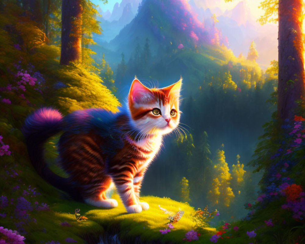 Fluffy kitten on grassy ledge by stream with colorful forest view