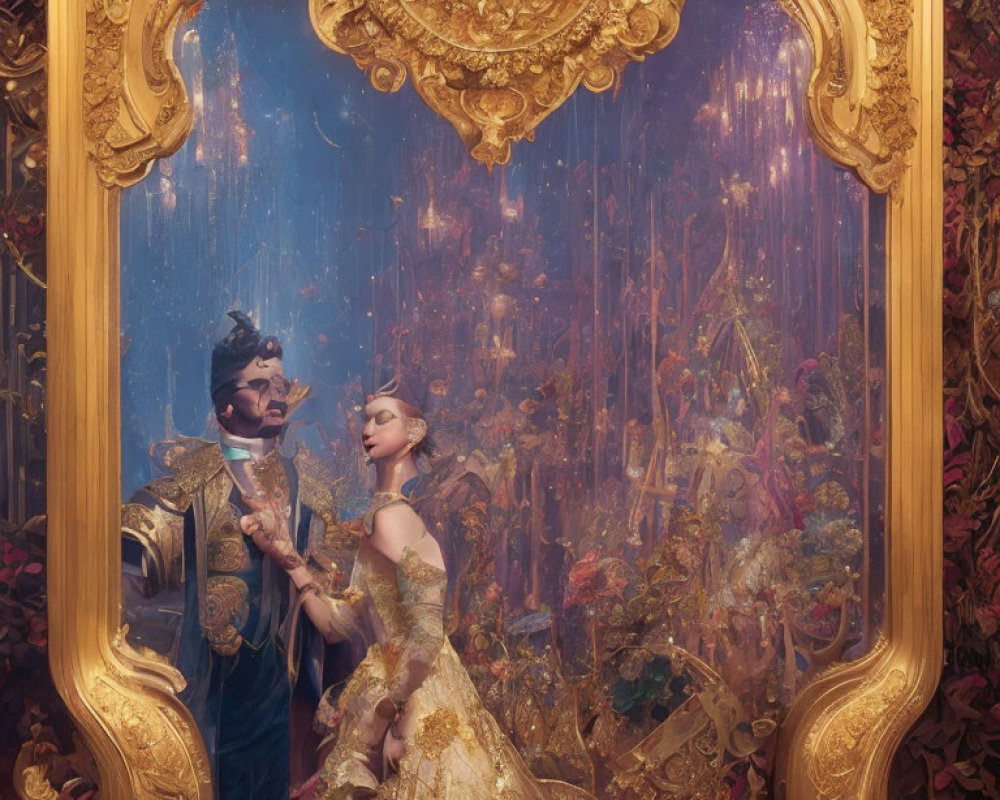 Man and woman in golden masquerade attire near gilded mirror in mystical forest.