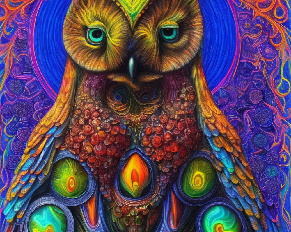 Colorful Psychedelic Owl Illustration with Swirling Patterns