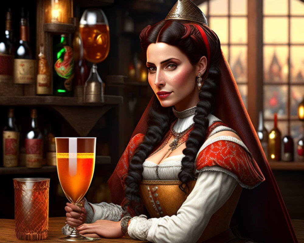 Medieval woman digital illustration with braided hair and beer at bar