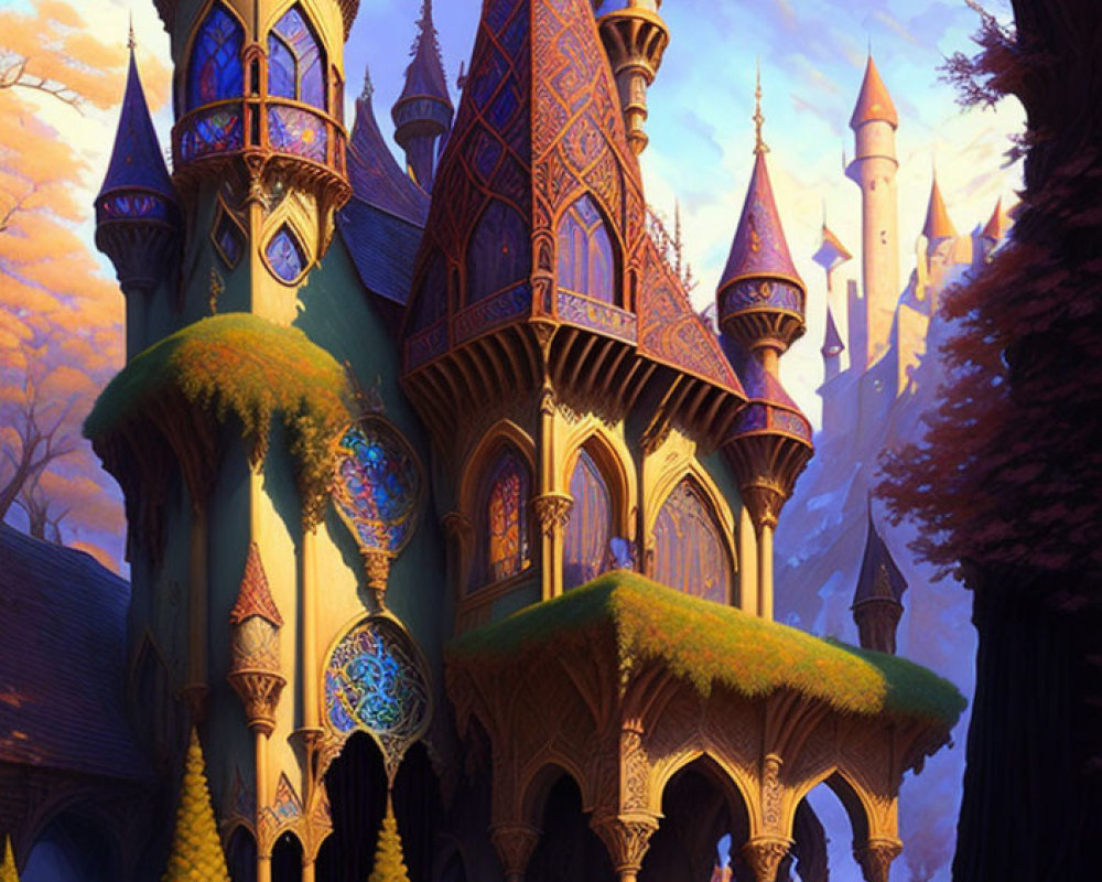 Majestic fantasy castle with tall spires in sunset-lit forest