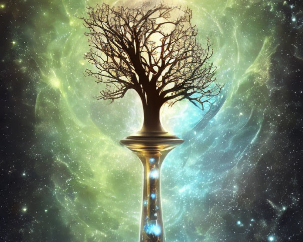 Bare tree on celestial hourglass with cosmic background and ancient symbol