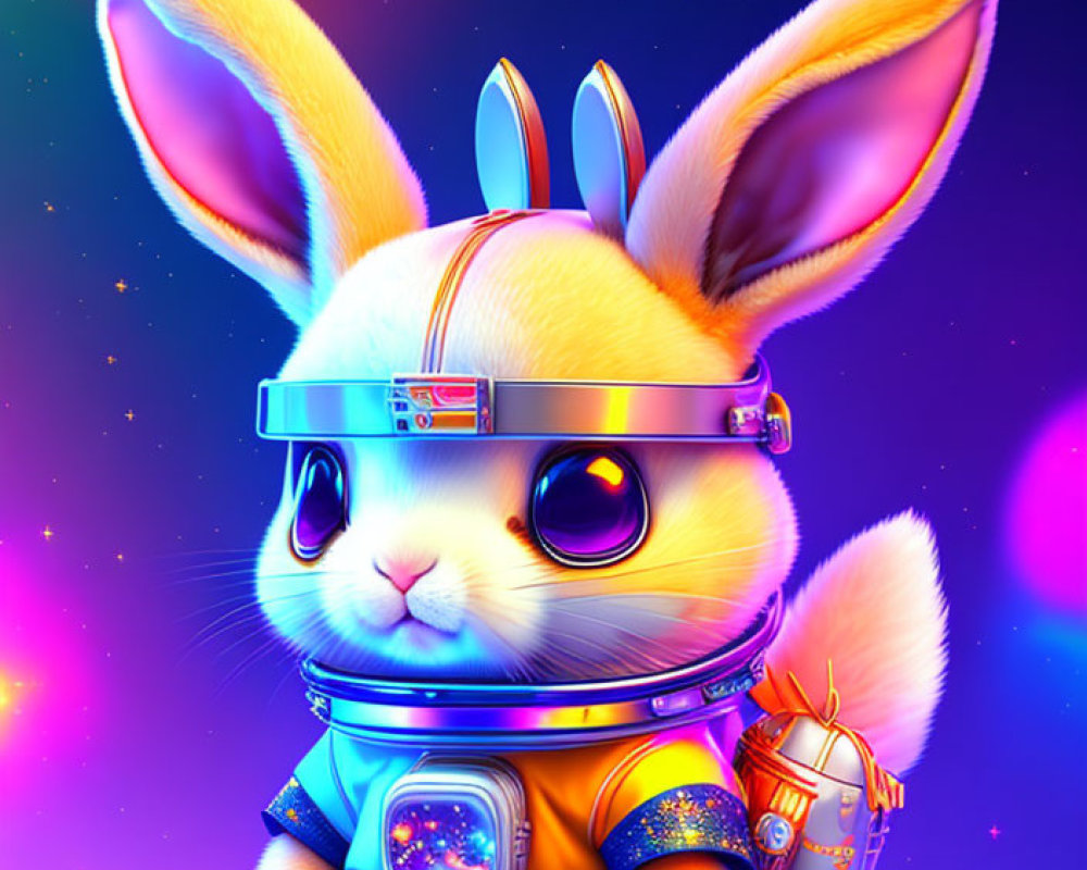 Illustration of cute rabbit astronaut in futuristic suit against starry space.