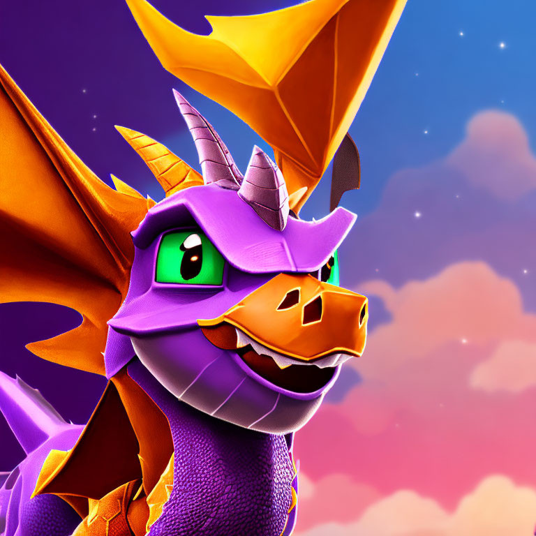 Colorful 3D Spyro the Dragon illustration in vibrant purple and orange against pink and blue sky